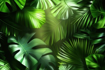 A background of tropical leaves like monstera and palm, vector illustration, dark green color palette