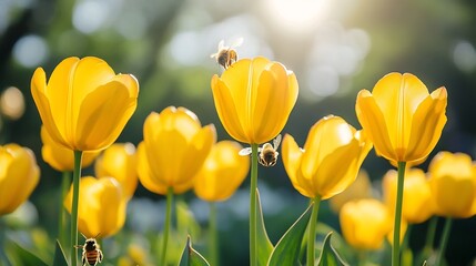 Fototapeta premium Golden tulips bask in warm sunlight bees busily pollinate. AI Generated