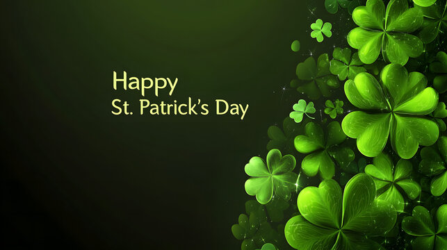 St. Patrick's Day Background with Green Shamrocks and "Happy St. Patrick's Day" Text. Dark Green Background. - Powered by Adobe