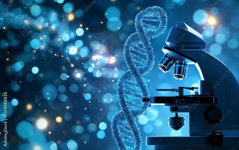 Poster analyzing dna with microscope technology in research and development laboratory