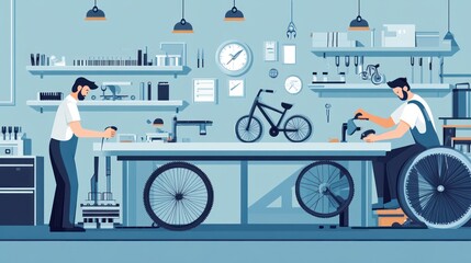 Bicycle repair shop with disabled mechanic