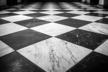 Elegant black and white marble floor tiles in a checkered pattern creating a classic and timeless design perspective with architectural detail