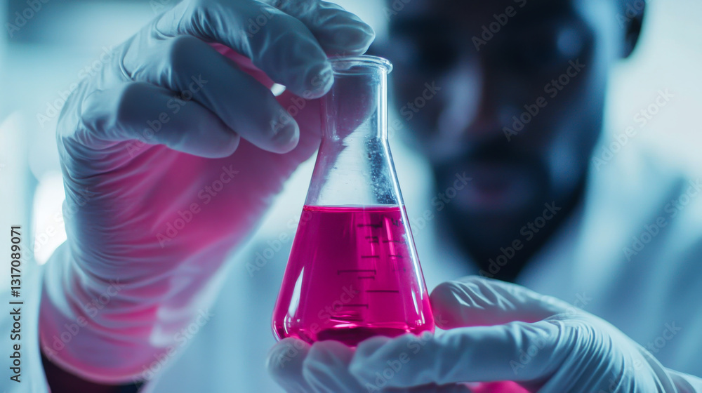 Poster scientist examining pink liquid in laboratory flask during research in modern lab setting