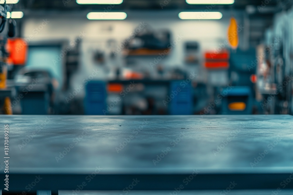 Poster workshop table surface with blurred background of tools and equipment