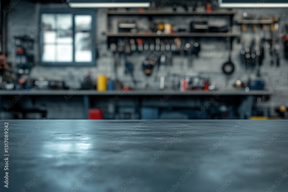 Poster workshop table surface with blurred tool background for product display