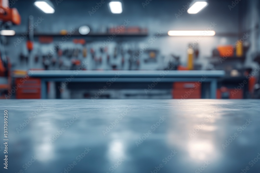 Poster empty work surface in a workshop with tools blurred in background