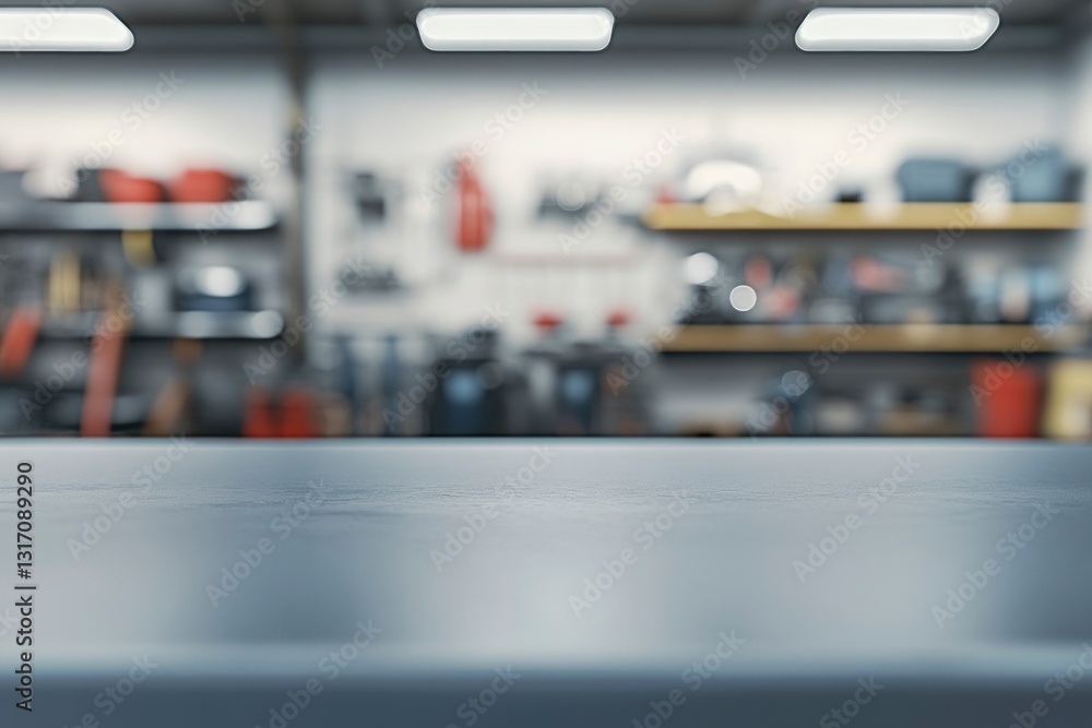 Poster workshop bench top with blurred background and shelf organization system