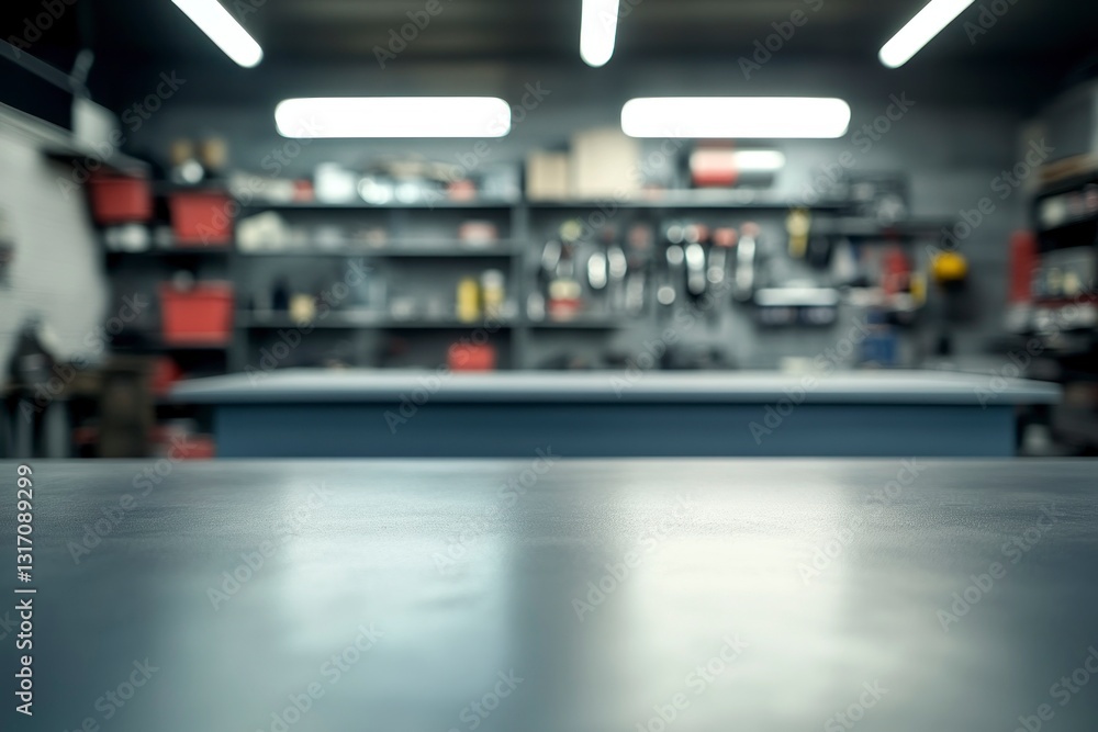 Poster workshop workbench surface with blurred tools background for product display