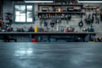 Obraz premium Workshop Table Surface with Blurred Tool Background for Product Display