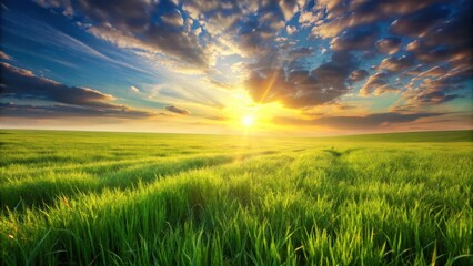 Serene Sunset over a Verdant Meadow, Peaceful Landscape with Golden Hour Rays Illuminating Lush Grass