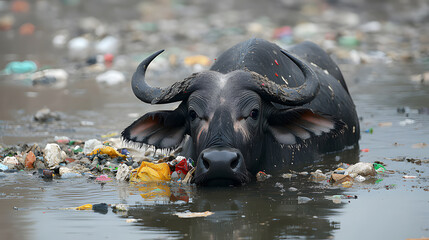 Fototapeta premium Buffalo Bathing in Polluted Water Body Reflecting Environmental Damage