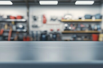 Workshop Bench Top with Blurred Background and Shelf Organization System