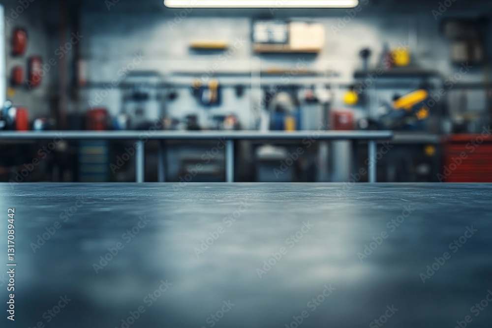 Poster workshop workbench with tools and blurred background for product placement