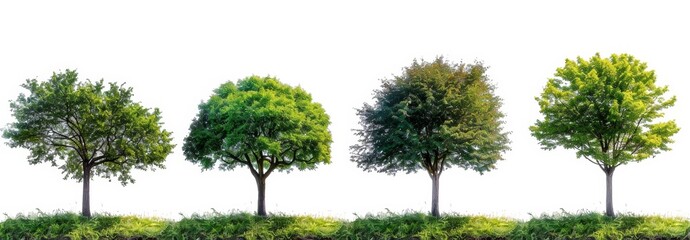 Four Different Types of Trees with Green Leaves Isolated on a White Background