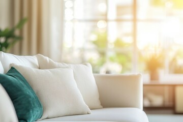 Comfortable Living Room Couch with Pillows and Bright Natural Light