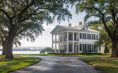 Obraz premium Mississippi River, Southern Plantation Home on River Bend