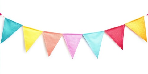 Colorful Bunting Banner Hanging Against White Backdrop for Celebration Decor