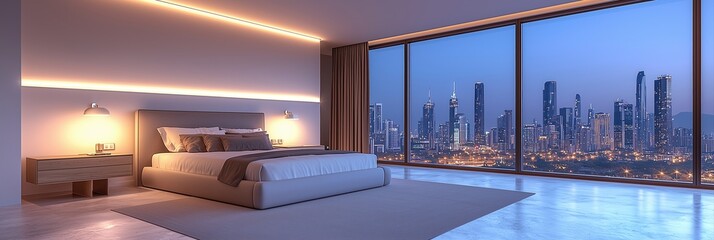 Fototapeta premium Luxurious Modern Bedroom with Expansive City Skyline View and Ambient Night Lighting