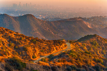 Winding Hiking Trails at Griffith Park Overlooking Hazy Downtown Los Angeles