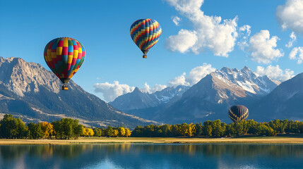 Fototapeta premium Colorful Hot Air Balloons Over Autumn Lake And Mountain Landscape