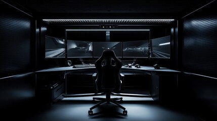 Dark Gaming Room with Triple Monitor Setup