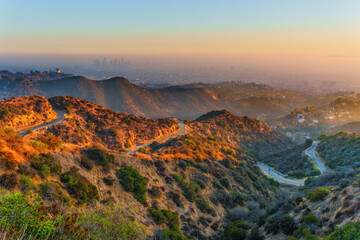 Scenic View of Griffith Park Hiking Trails and Hazy Downtown Los Angeles