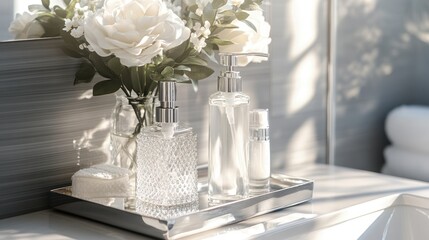 Fototapeta premium Modern bathroom vanity with flowers and toiletries