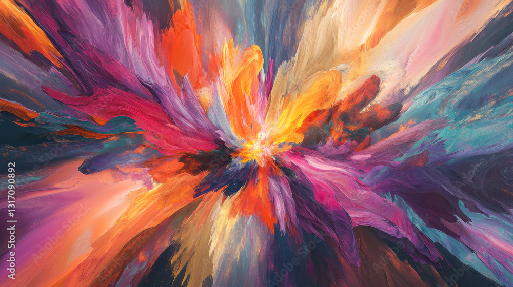 Poster vibrant abstract art bursting with color in a dynamic explosion of hues and patterns