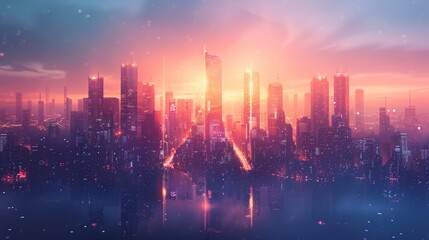 Futuristic city skyline during twilight with skyscrapers reaching into the gradient sky