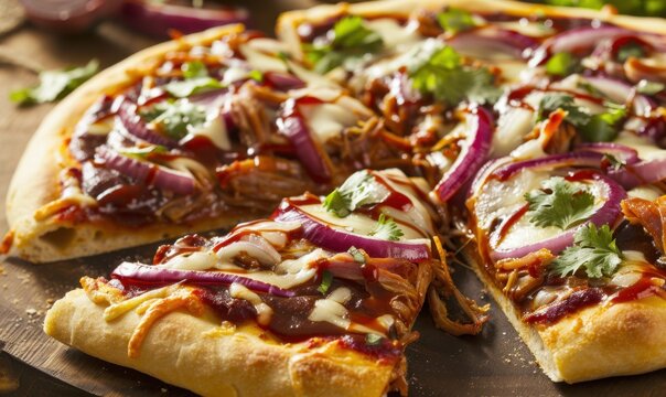 BBQ pulled pork pizza with red onions and cilantro on wooden board