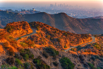 Winding Hiking Roads Through Griffith Park at Sunset Overlooking Downtown LA
