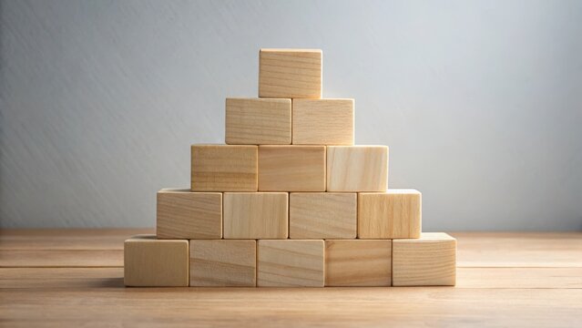 Wooden blocks arranged in a pyramid shape on a table against a neutral background, symbolizing growth, stability, and a structured approach to success.