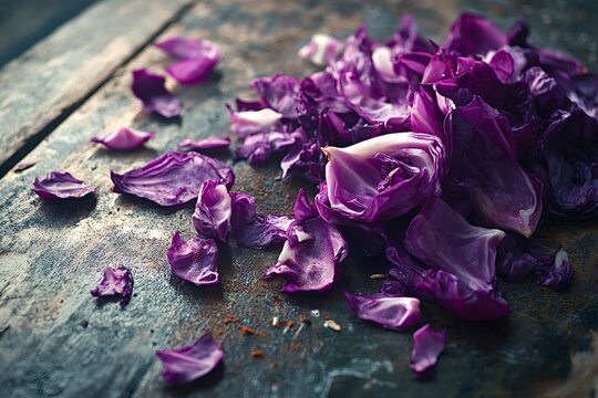 Vibrant purple leaves of red cabbage are scattered across a dark, rustic wooden table, creating a visually appealing display of color and texture, perfect for culinary or healthy eating themes