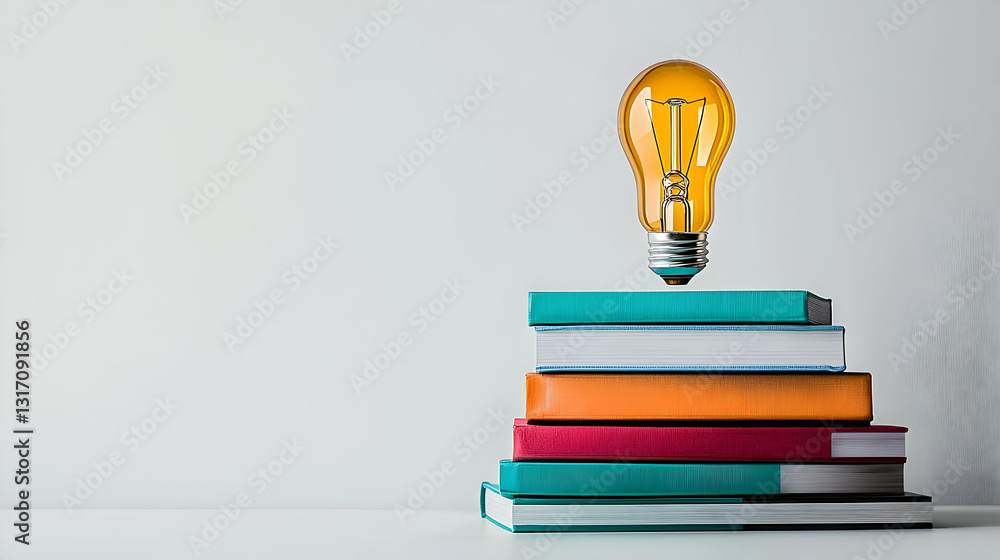 Aufkleber illuminating knowledge: a pixelated lightbulb atop a stack of colorful books symbolizing learning an