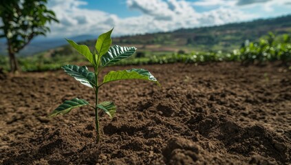 Young plant struggling in cracked dry soil amid coffee fields &ndash; symbol of water scarcity and environmental resilience