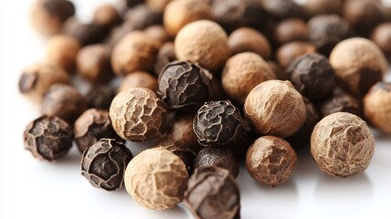 Close up shot of brown and black peppercorns subtly lit showing textured surface. AI Generated