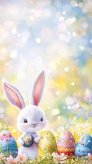 cute white bunny holding colorful Easter egg surrounded by decorated eggs