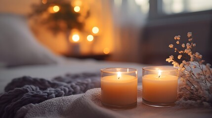 Scented candles set up for a tranquil vibe in a bed 4 2 with soft blankets romantic lighting and a peaceful atmosphere for relaxation and comfort