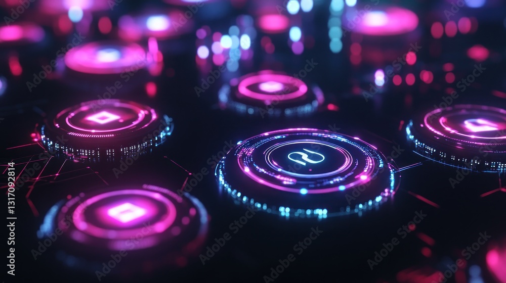 Poster futuristic digital interface with glowing circular elements