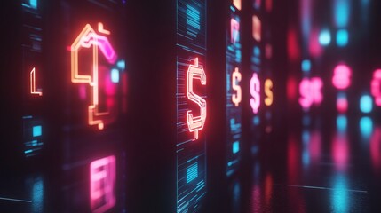 Futuristic digital interface with financial icons