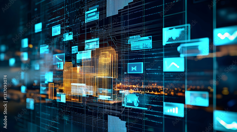 Poster futuristic cityscape digital data stream visualization with glowing blue light trails in a dark urba