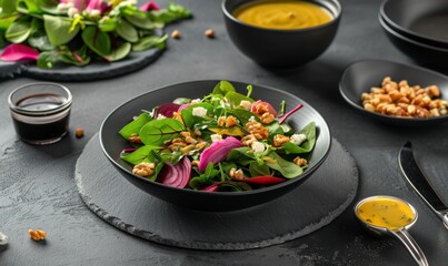 Beetroot salad with walnuts, feta, vinaigrette dressing, and soup