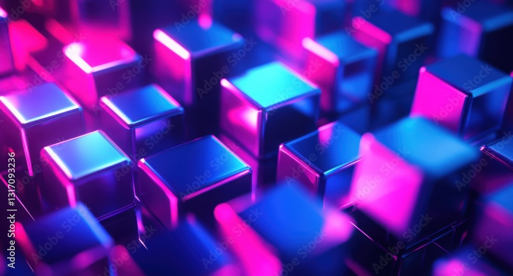 Poster abstract background with cubes and blocks on a blue neon light, glowing in the dark space