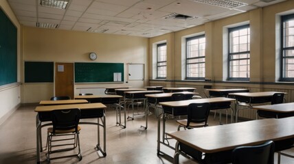 Fototapeta premium A quiet classroom with neatly arranged empty desks, ready for students, creating a peaceful and studious atmosphere