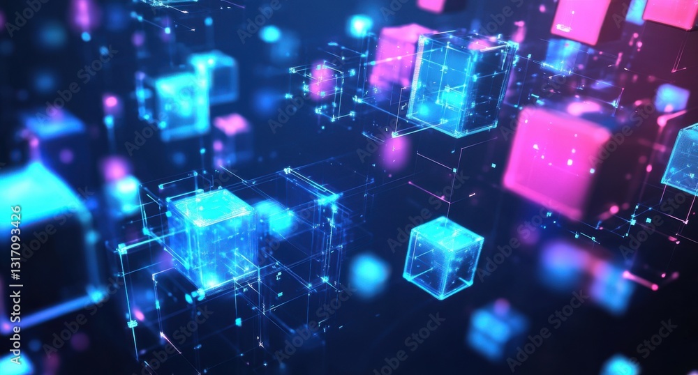 Poster abstract background with cubes and blocks on a blue neon light, glowing in the dark space