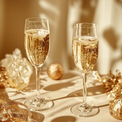 Golden Card on Cocktail Party Table with Prosecco and Flat Lay Setup