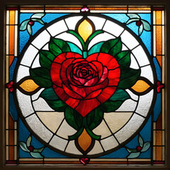 Stained Glass Heart with Red Rose Design