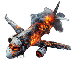 Charred Airplane on Fire with Melted Wings Isolated on Transparent Background