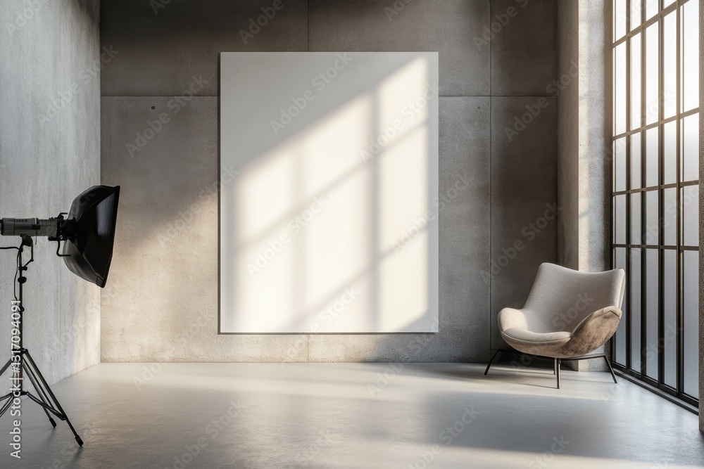 Poster an empty room featuring a large screen and various lighting equipment, ready for a presentation or e