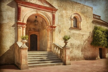 Naklejka premium Vintage Italian villa entrance, courtyard, steps